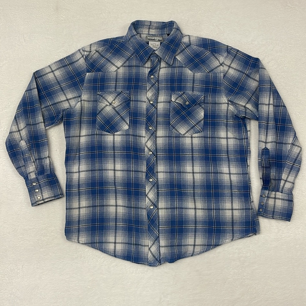 Wrangler Wrancher Pearl Snap Button Shirt Blue Plaid Sz XL